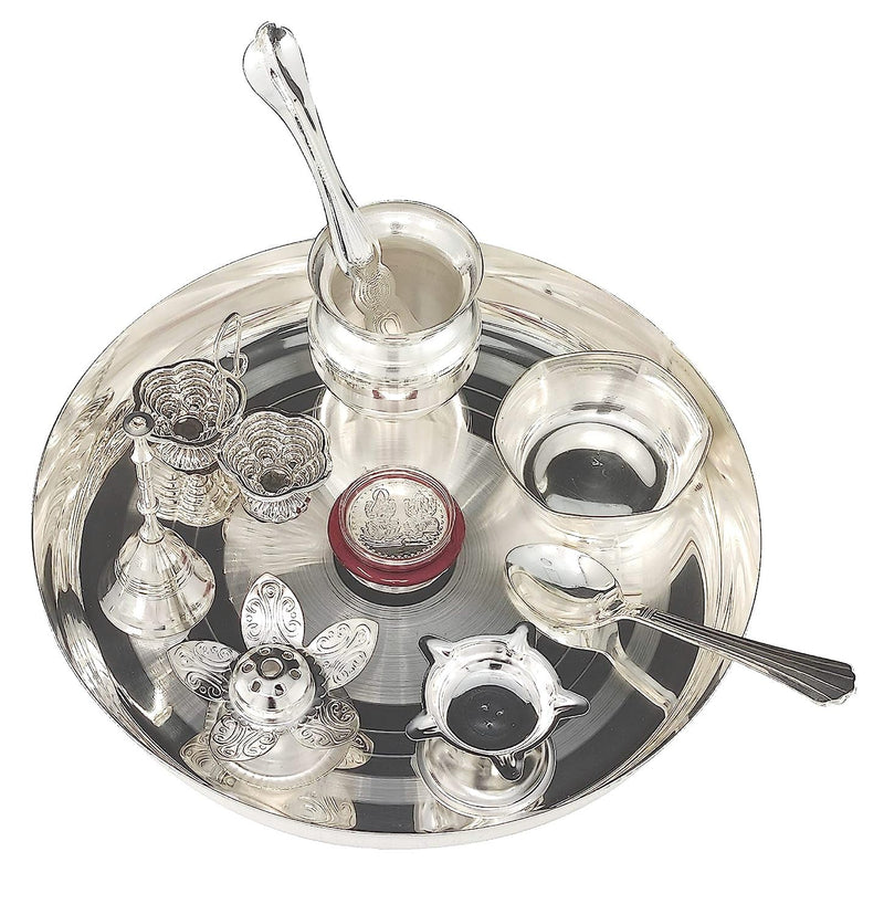 NOBILITY Silver Plated Pooja thali Set 8 Inch with Plate Diya Kalash Bowl Ghanti Dhup Dan Palli Spoon Kumkum Stand Coin Puja Thali for Diwali Home Mandir Office Wedding Return Gift Items