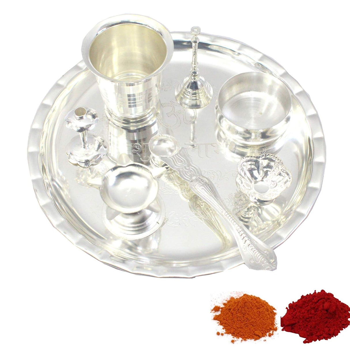 NOBILITY Pooja Thali Set Silver Plated Large 8 Inch Puja Thali for Diwali Decoration Gift Items Festival Ethnic Puja Thali for Temple Office Home Wedding Return Gifts