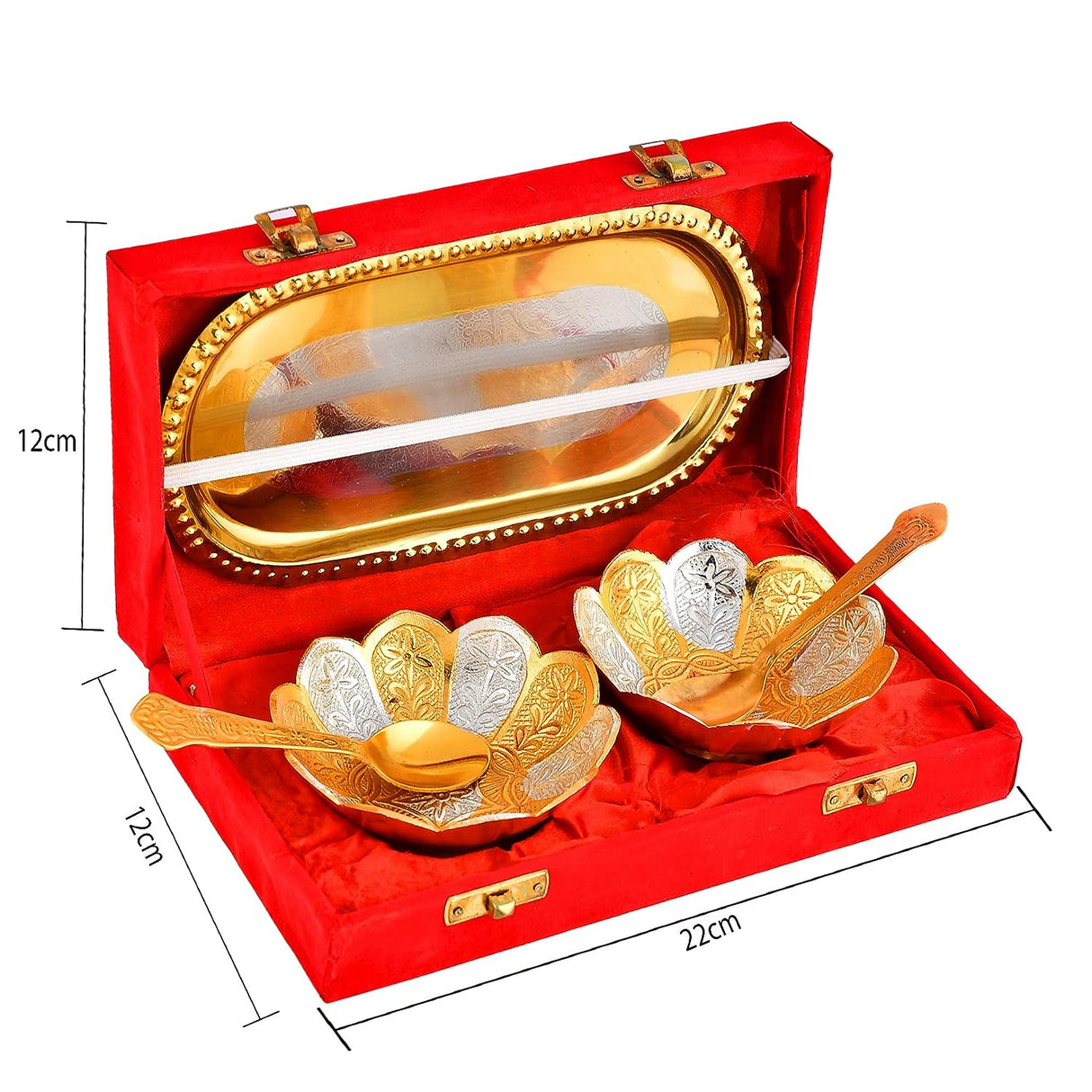 NOBILITY Bowl Spoon Tray Set Small Gold Silver Plated Dry Fruits Dessert Serving Diwali Eid Christmas Wedding Return Gifts Friends Family Housewarming Home Decoration Corporate Gift items