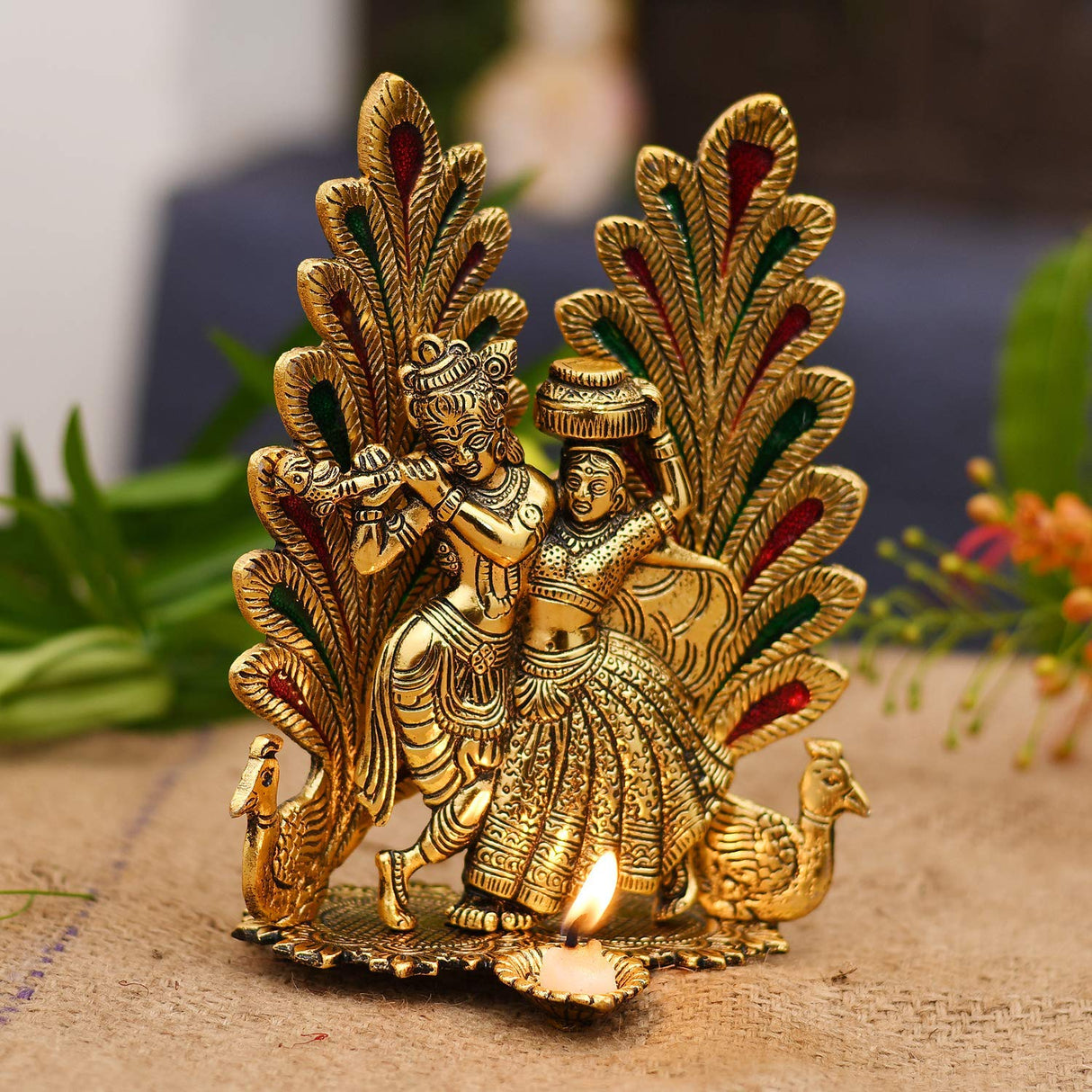 NOBILITY Radha Krishna Idol Statue with Diya Metal Gold Plated Peacock Design Hindu Religious Radha Krishan Showpiece