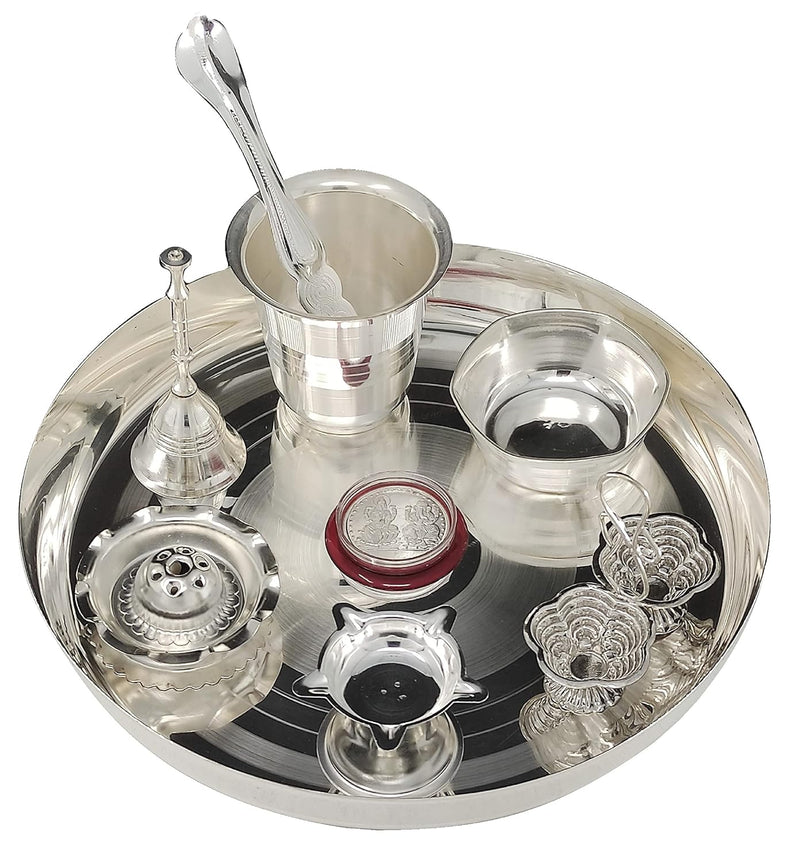 NOBILITY Silver Plated Pooja thali Set 8 Inch with Plate Diya Glass Bowl Ghanti Agarbatti Stand Palli Kumkum Stand Coin Puja Thali for Diwali Home Mandir Office Wedding Return Gift Items