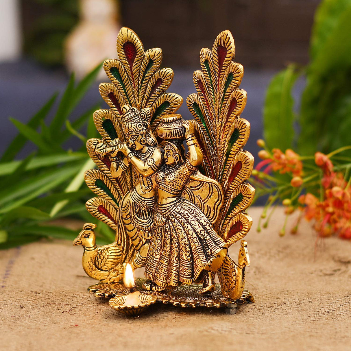 NOBILITY Radha Krishna Idol Statue with Diya Metal Gold Plated Peacock Design Hindu Religious Radha Krishan Showpiece