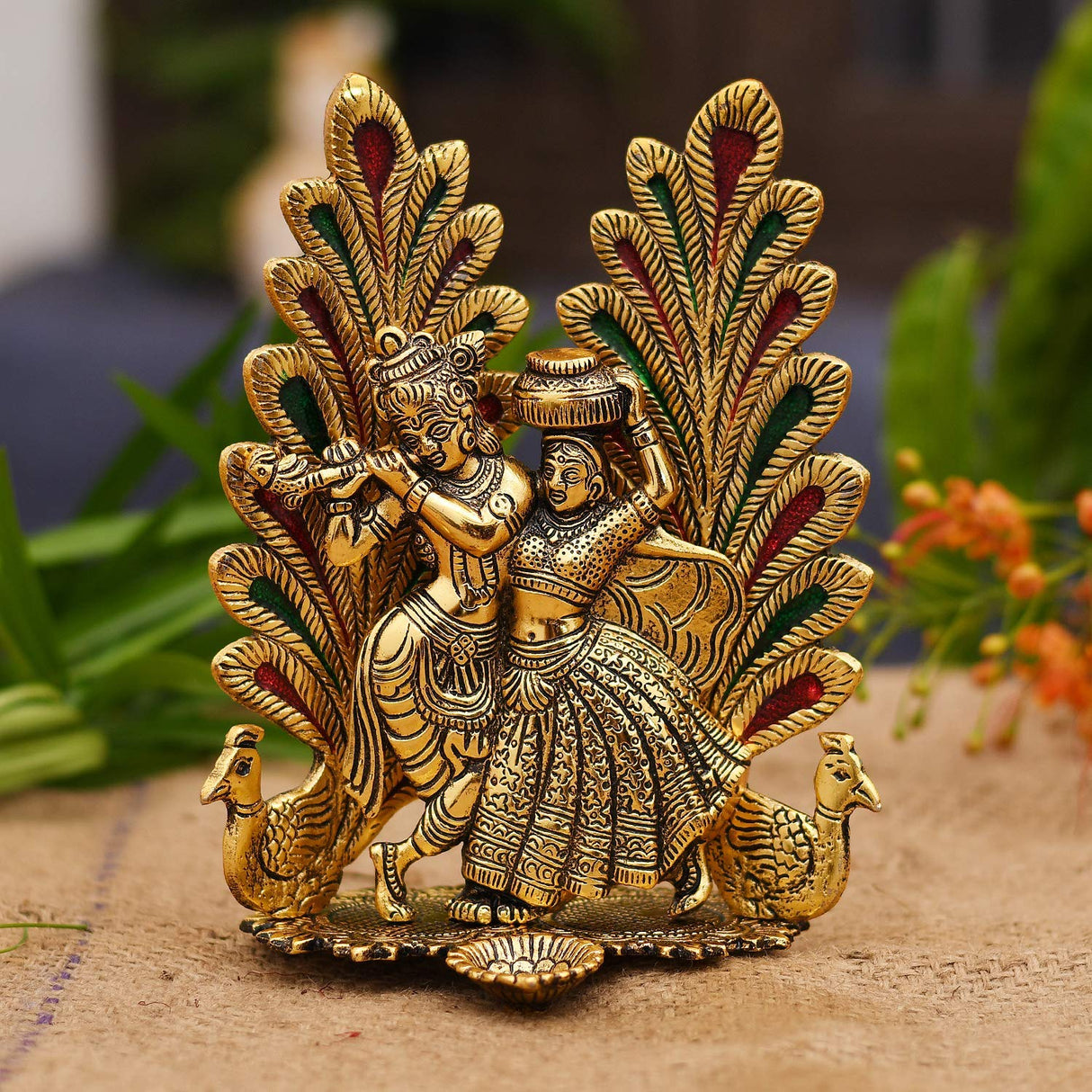 NOBILITY Radha Krishna Idol Statue with Diya Metal Gold Plated Peacock Design Hindu Religious Radha Krishan Showpiece