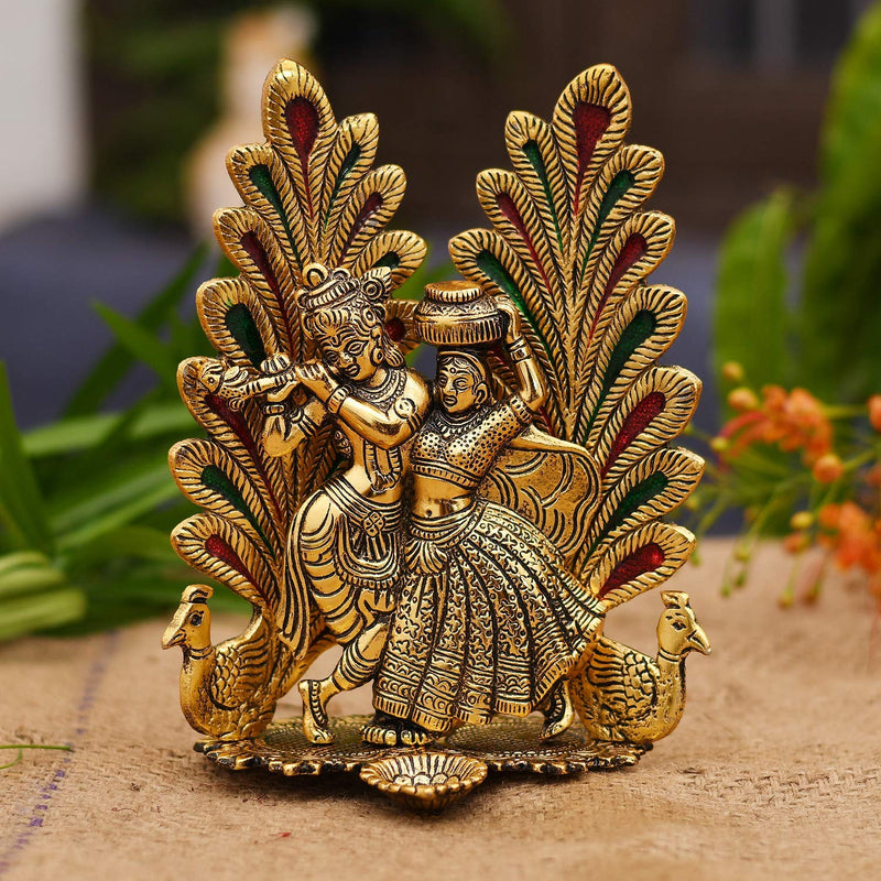 NOBILITY Radha Krishna Idol Statue with Diya Metal Gold Plated Peacock Design Hindu Religious Radha Krishan Showpiece Figurine for Janmashtami Home Temple Pooja Decorative Wedding Return Gift Items