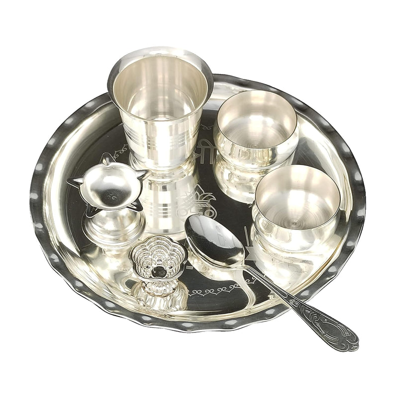 NOBILITY Silver Plated Pooja thali Set 8 Inch with Plate Bowl Glass Diya Spoon Kumkum Holder Puja Thali for Diwali Home Mandir Office Wedding Return Gift Items