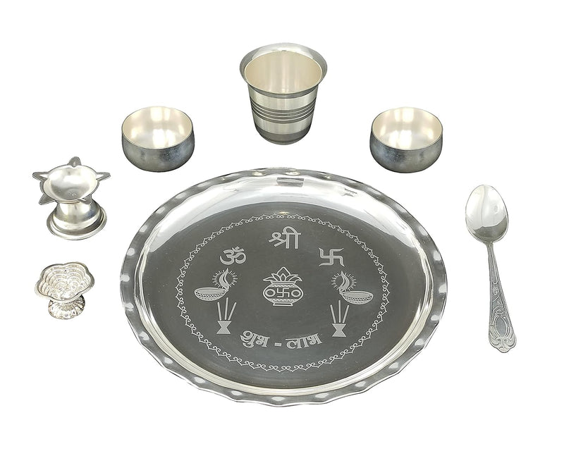 NOBILITY Silver Plated Pooja thali Set 8 Inch with Plate Bowl Glass Diya Spoon Kumkum Holder Puja Thali for Diwali Home Mandir Office Wedding Return Gift Items