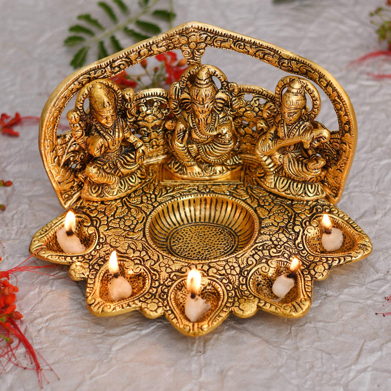 NOBILITY Lakshmi Ganesh Saraswati Statue with Diya Oil Deepak Metal Laxmi Ganesha Idol Showpiece Deepam Traditional Diya for Diwali Puja Home Decoration Wedding Return Gift Items