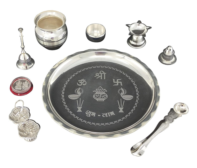 NOBILITY Silver Plated Pooja thali Set 8 Inch with Plate Ghanti Bowl Spoon Coin Dhup Dan Diya Kumkum Stand Puja Thali for Home Mandir Office Wedding Return Diwali Gift Items