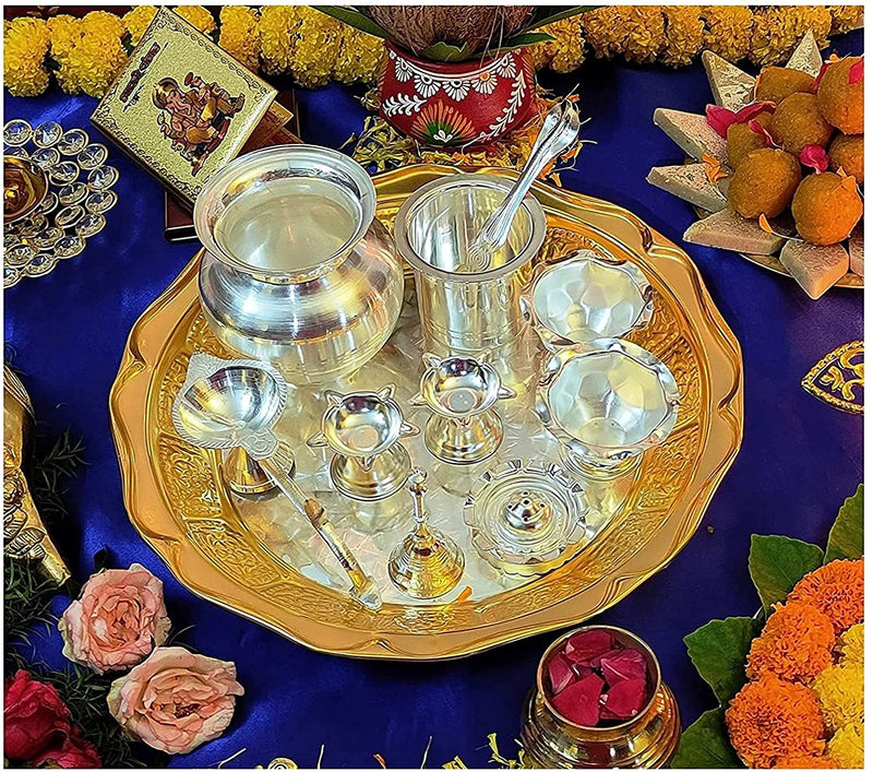 NOBILITY Baahubali Pooja thali Set Gold and Silver Plated with Accessories Puja Thali for Diwali, Home, Office, Wedding Return Gift