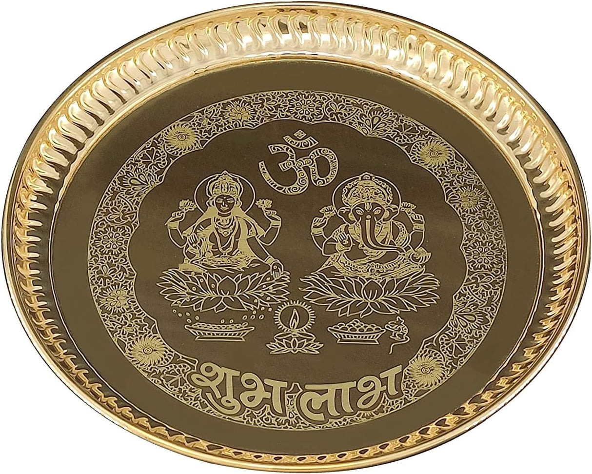 NOBILITY Brass Pooja Plate 8 Inch Ganesh Lakshmi Design Puja Set Arti Thali Traditional Indian for Home Office Mandir Wedding Return Diwali Decoration Gift Items