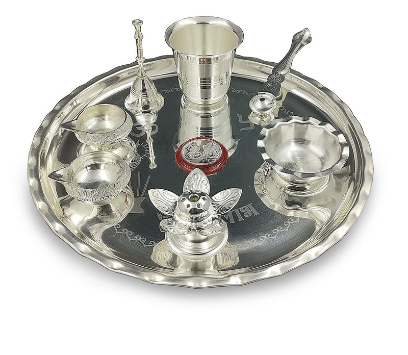 NOBILITY Silver Plated Pooja Thali Set 9.5 Inch with Coin Kuber Diya Dhup Dani Bowl Spoon Glass Ghanti