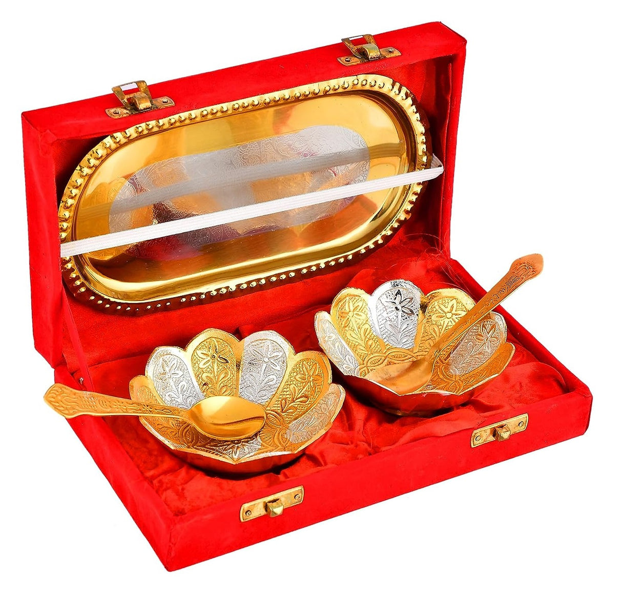 NOBILITY Bowl Spoon Tray Set Small Gold Silver Plated Dry Fruits Dessert Serving Diwali Eid Christmas Wedding Return Gifts Friends Family Housewarming Home Decoration Corporate Gift items