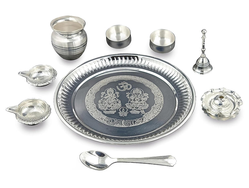 NOBILITY Premium Ganesh Lakshmi Design Silver Plated Pooja Thali Set 08 Inch with for for Festival Ethnic Puja Thali