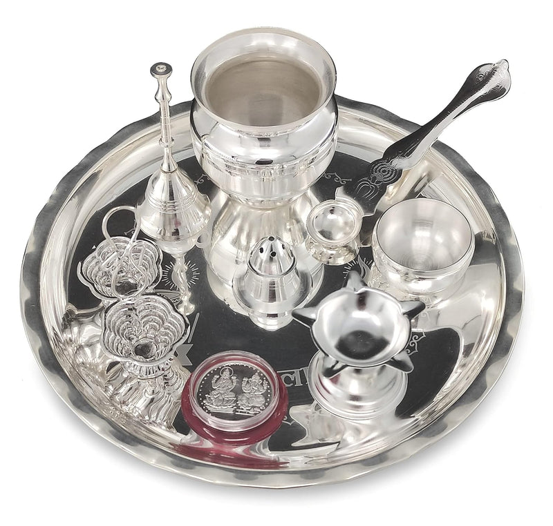 NOBILITY Silver Plated Pooja thali Set 8 Inch with Plate Ghanti Bowl Spoon Coin Dhup Dan Diya Kumkum Stand Puja Thali for Home Mandir Office Wedding Return Diwali Gift Items