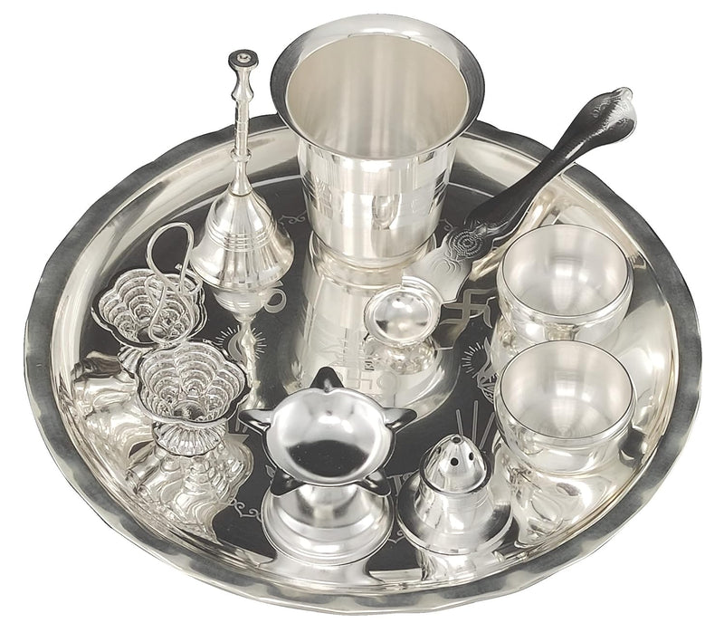 NOBILITY Silver Plated Pooja thali Set 8 Inch with Plate Bowl Glass Palli Diya Ghanti Kumkum Stand Dhup Dan Puja Thali for Diwali Home Office Mandir Wedding Return Gift Items