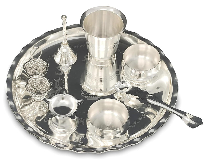 NOBILITY Silver Plated Pooja thali Set 8 Inch with Plate Coin Haldi Kumkum Stand Diya Kalash Bowl Dhup Dan Palli Puja Thali for Home Mandir Office Diwali Wedding Return Gift Items