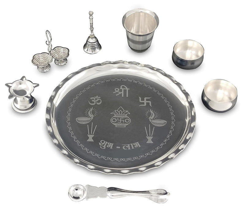 NOBILITY Silver Plated Pooja thali Set 8 Inch with Plate Coin Haldi Kumkum Stand Diya Kalash Bowl Dhup Dan Palli Puja Thali for Home Mandir Office Diwali Wedding Return Gift Items