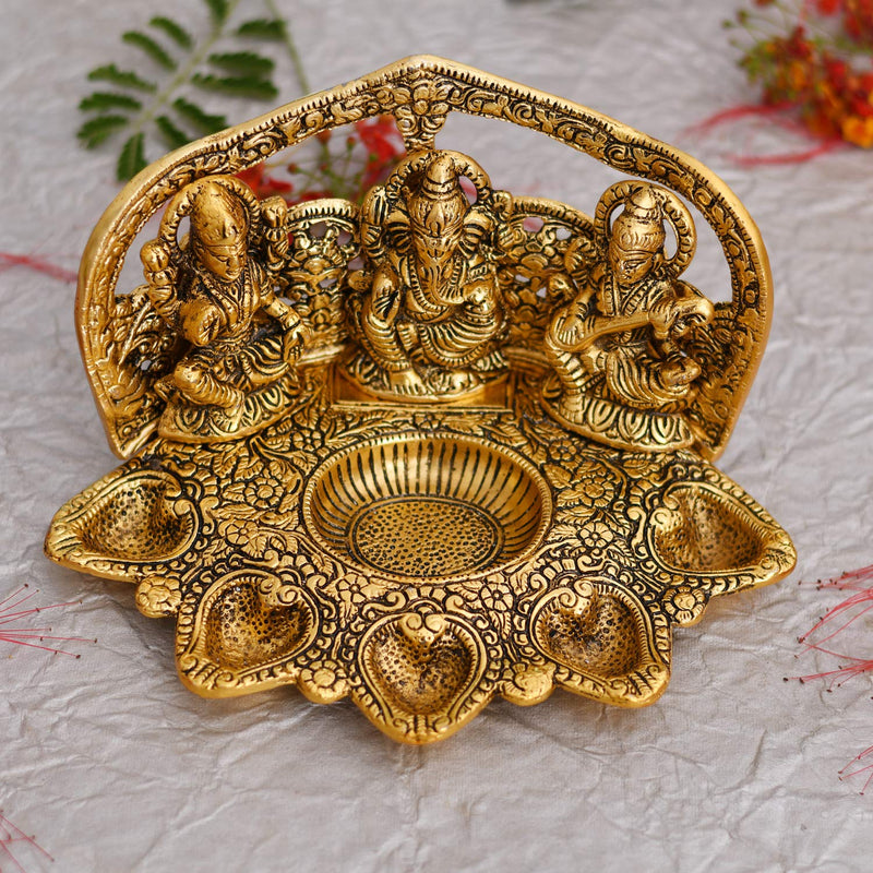 NOBILITY Lakshmi Ganesh Saraswati Statue with Diya Oil Deepak Metal Laxmi Ganesha Idol Showpiece Deepam Traditional Diya for Diwali Puja Home Decoration Wedding Return Gift Items