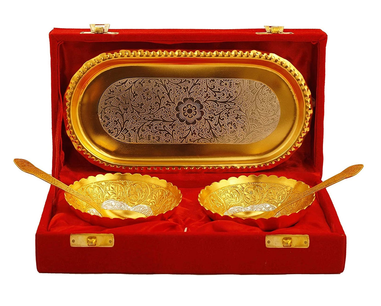 NOBILITY Bowl Spoon Tray Set Gold and Silver Plated with Red Velvet Box Dessert Dry Fruit Serving Sets Friends Family Home Decorative Corporate Gifts Wedding Return Gift Items