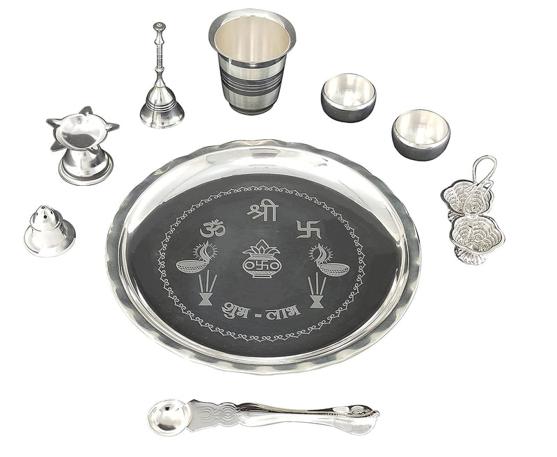 NOBILITY Silver Plated Pooja thali Set 8 Inch with Plate Bowl Glass Palli Diya Ghanti Kumkum Stand Dhup Dan Puja Thali for Diwali Home Office Mandir Wedding Return Gift Items