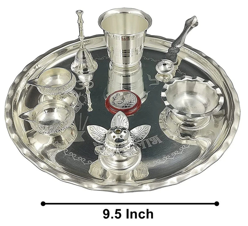 NOBILITY Silver Plated Pooja Thali Set 9.5 Inch with Coin Kuber Diya Dhup Dani Bowl Spoon Glass Ghanti