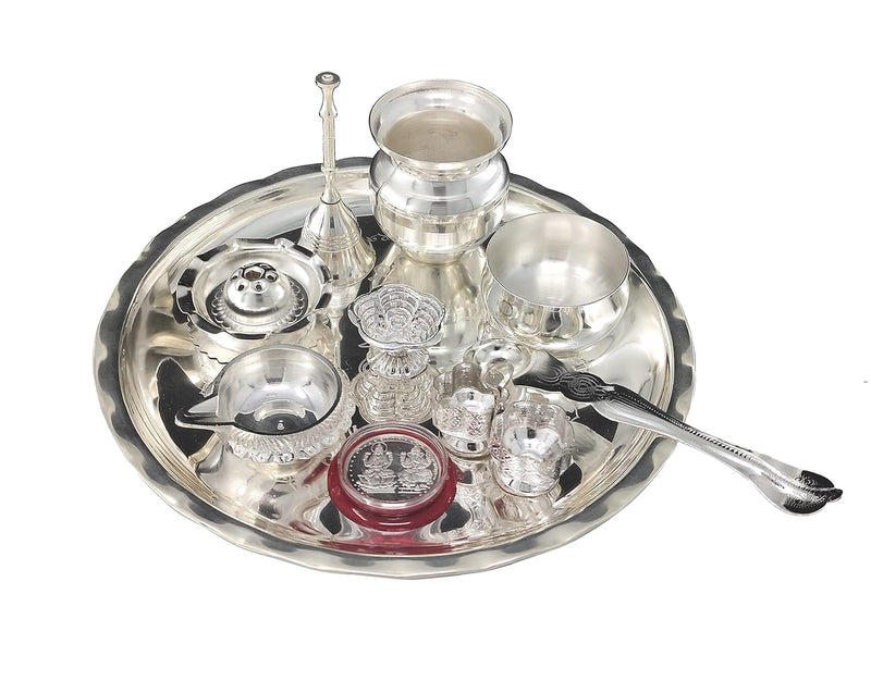 NOBILITY Silver Plated Pooja thali Set 8 Inch with Plate Bowl Spoon Kalash Kuber Diya Kumkum Holder Agarbatti Stand Coin Puja Thali for Home Mandir Office Wedding Return Diwali Gift Items