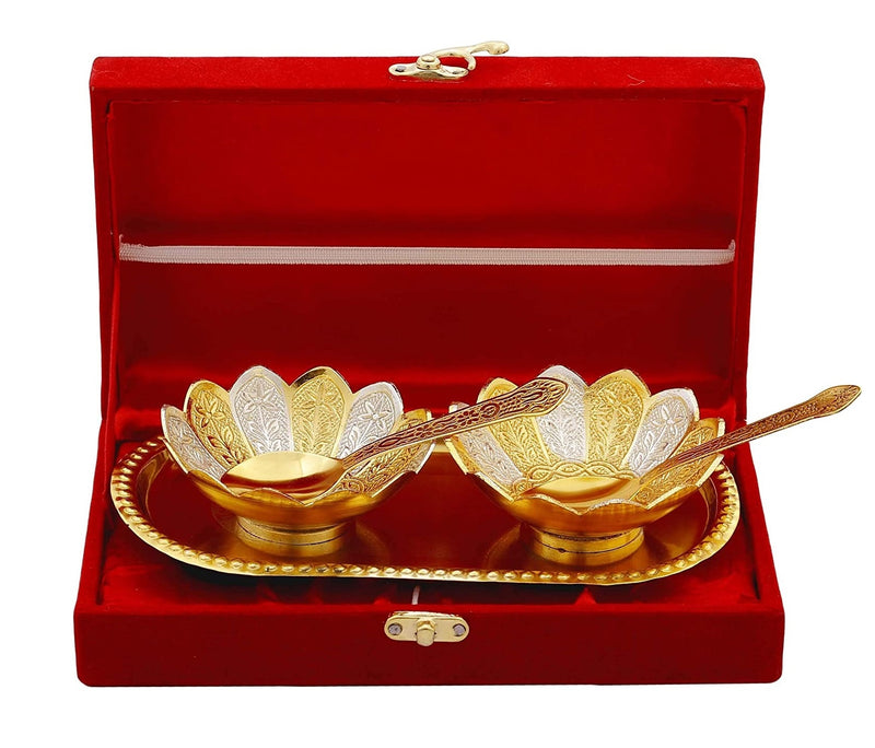 Gold Silver Plated Bowl Spoon Tray Set Dry Fruits Dessert Serving Set Diwali Gifts Friends Family Home Decorative Corporate Christmas Wedding Return Gift Items