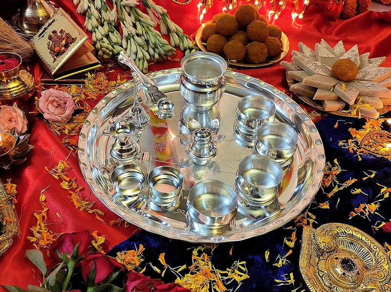 NOBILITY Premium Silver Plated Puja Thali Set 12 Inch with Accessories for Festival Ethnic Pooja Thali Set Gift for Home, Temple, Office, Wedding Gift