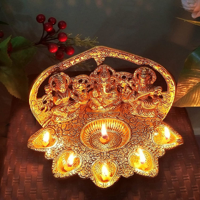 NOBILITY Lakshmi Ganesh Saraswati Statue with Diya Oil Deepak Metal Laxmi Ganesha Idol Showpiece Deepam Traditional Diya for Diwali Puja Home Decoration Wedding Return Gift Items