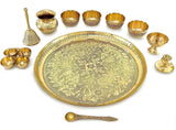 NOBILITY Brass Pooja Thali Set 12 Inch with Pital Puja Plate Kalash Bowl Spoon Haldi Kumkum Stand Ghanti Piyali Diya Arti Thali for Diwali Home Office Mandir Wedding Return Gift Items