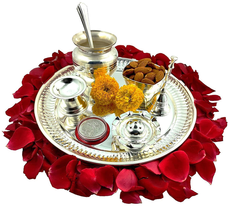 NOBILITY Ganesh Lakshmi Design Silver Plated Premium Pooja Thali Set 8 Inch with Coin and Accessories for Festival Ethnic Puja Thali Gift Items