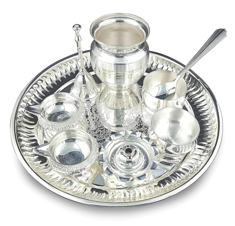 NOBILITY Premium Ganesh Lakshmi Design Silver Plated Pooja Thali Set 08 Inch with for for Festival Ethnic Puja Thali