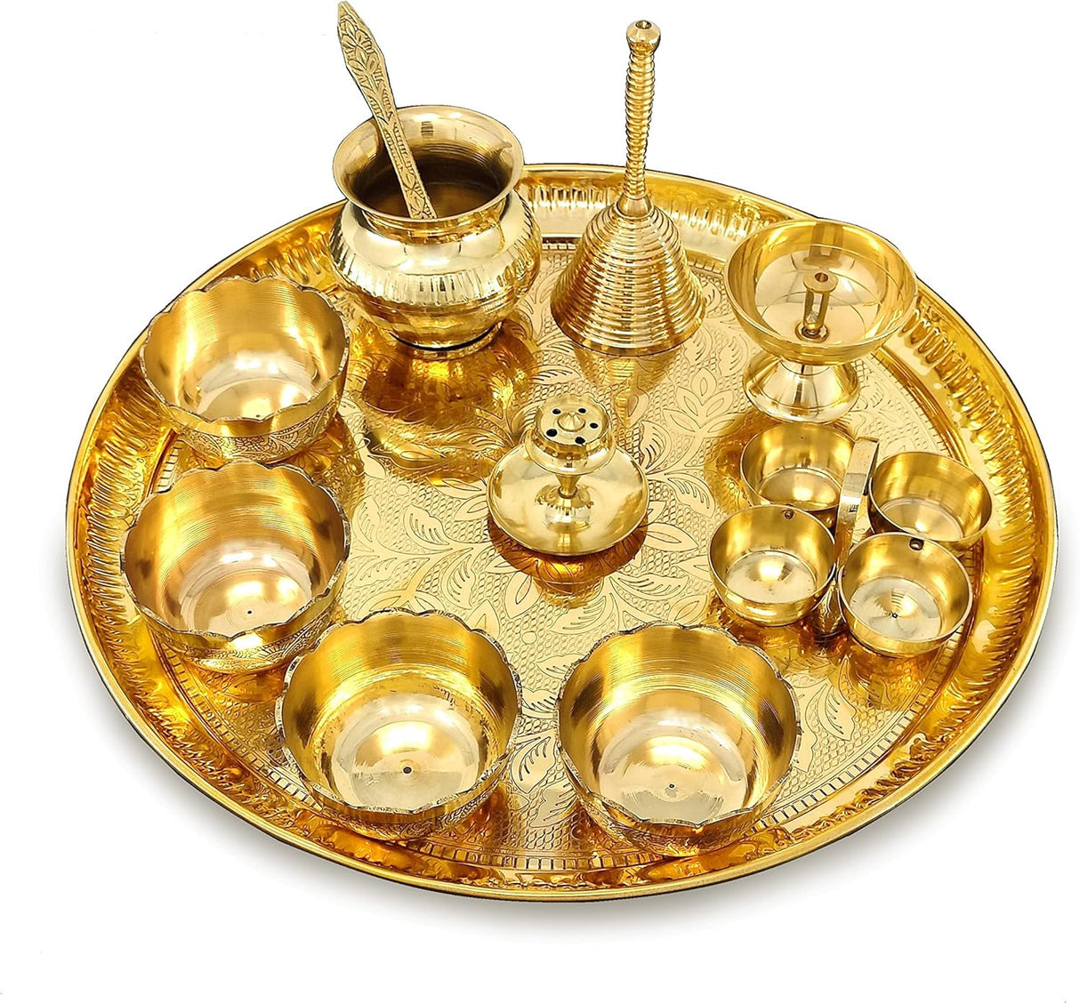 NOBILITY Brass Pooja Thali Set 12 Inch with Pital Puja Plate Kalash Bowl Spoon Haldi Kumkum Stand Ghanti Piyali Diya Arti Thali for Diwali Home Office Mandir Wedding Return Gift Items