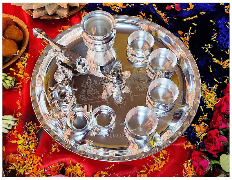 NOBILITY Premium Silver Plated Puja Thali Set 12 Inch with Accessories for Festival Ethnic Pooja Thali Set Gift for Home, Temple, Office, Wedding Gift