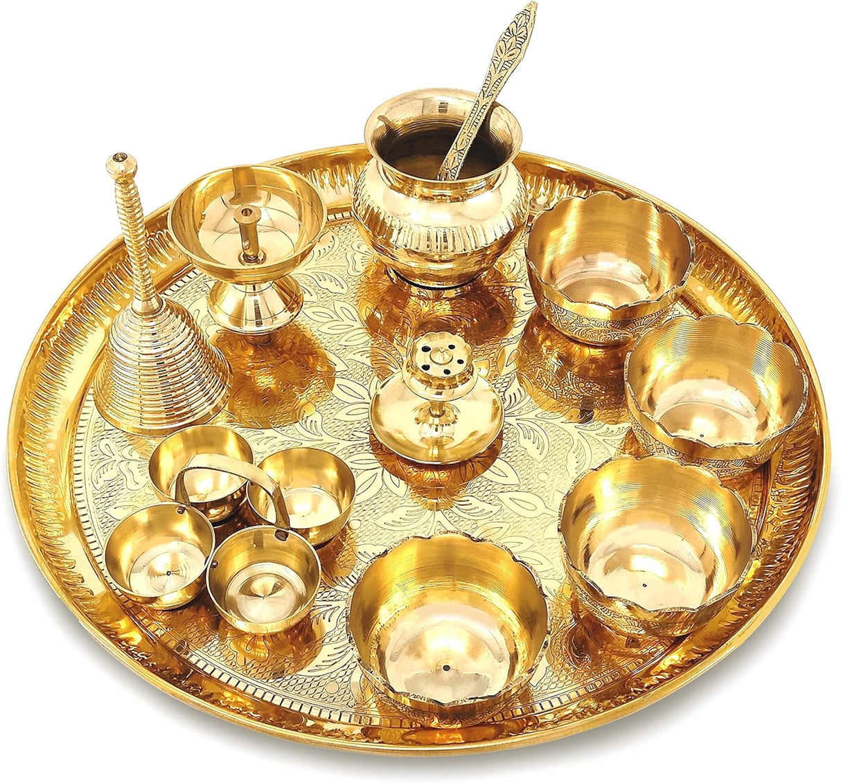 NOBILITY Brass Pooja Thali Set 12 Inch with Pital Puja Plate Kalash Bowl Spoon Haldi Kumkum Stand Ghanti Piyali Diya Arti Thali for Diwali Home Office Mandir Wedding Return Gift Items