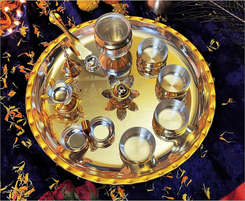 NOBILITY Gold & Silver Plated Puja thali Set 12 Inch for Festival Ethnic Pooja Thali Items for Home, Temple, Office, Wedding Return Gift