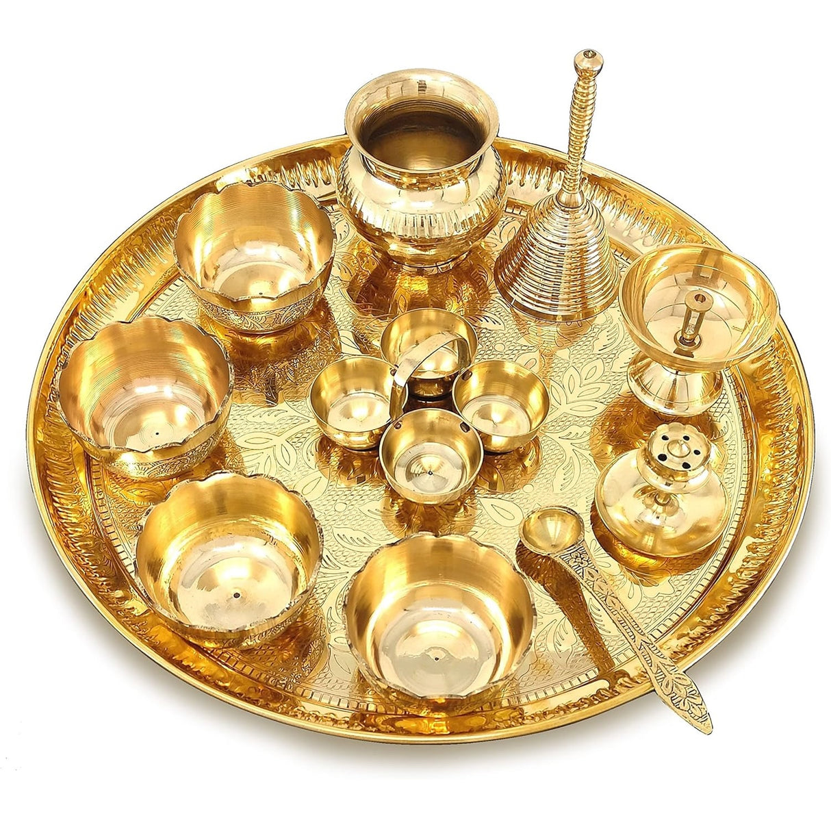 NOBILITY Brass Pooja Thali Set 12 Inch with Pital Puja Plate Kalash Bowl Spoon Haldi Kumkum Stand Ghanti Piyali Diya Arti Thali for Diwali Home Office Mandir Wedding Return Gift Items