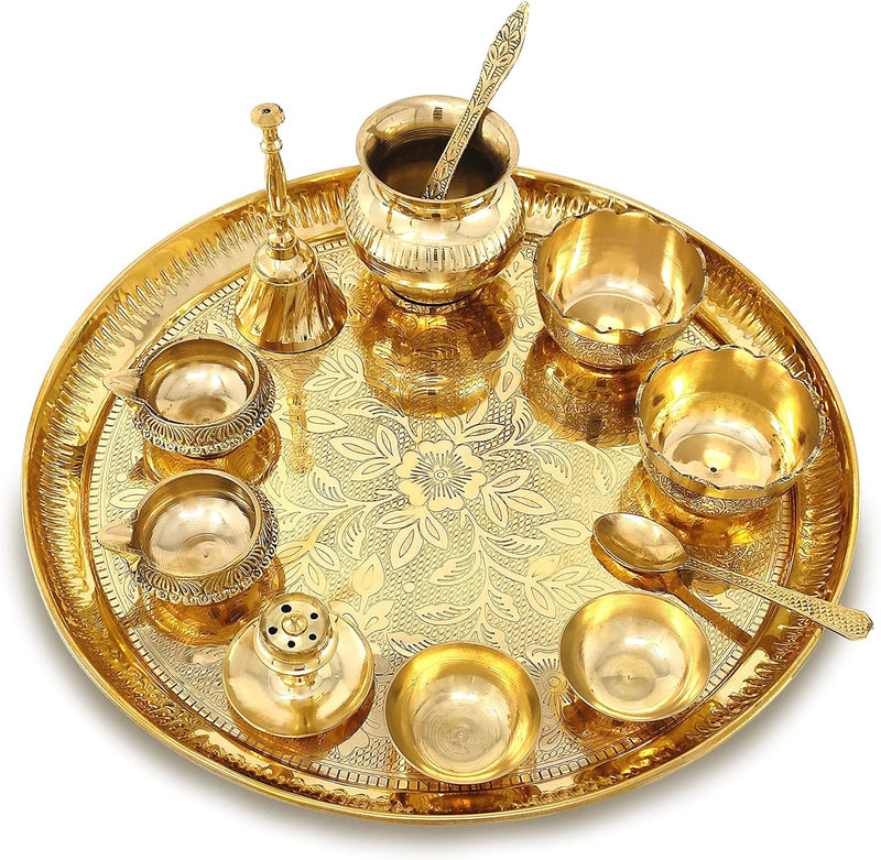 NOBILITY Brass Pooja Thali Set 12 Inch with Pital Puja Plate Kalash Bowl Spoon Palli Ghanti Kuber Diya Chandan Wati Dhup Dan Arti Thali for Diwali Home Office Mandir Wedding Return Gift Items