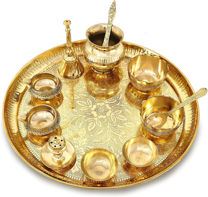 NOBILITY Brass Pooja Thali Set 12 Inch with Pital Puja Plate Kalash Bowl Spoon Palli Ghanti Kuber Diya Chandan Wati Dhup Dan Arti Thali for Diwali Home Office Mandir Wedding Return Gift Items
