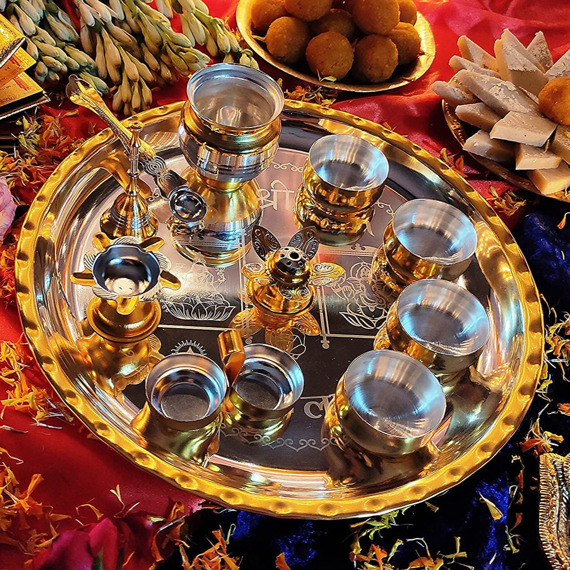 NOBILITY Pooja Thali Set Gold and Silver Plated Large 12 Inch Puja Thali for Diwali Decoration Gift Items Festival Ethnic Puja Thali for Temple Office Home Wedding Return Gifts