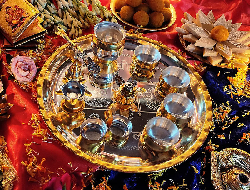 NOBILITY Gold & Silver Plated Puja thali Set 12 Inch for Festival Ethnic Pooja Thali Items for Home, Temple, Office, Wedding Return Gift