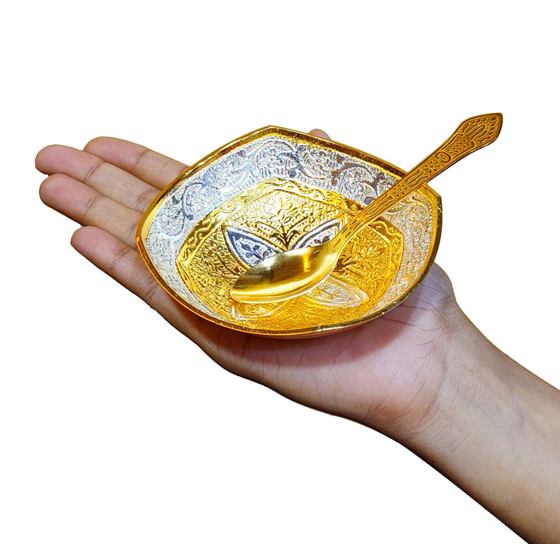 NOBILITY Bowl Spoon Set Gold and Silver Plated Leaf Shaped Designed with Velvet Box Dry Fruit Dessert Serving Sets Friends Family Home Decorative Corporate Gifts Wedding Return Gift