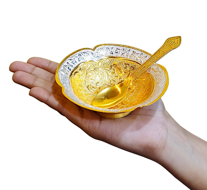 NOBILITY Bowl Spoon Set Gold and Silver Plated Leaf Shaped Designed with Velvet Box Dry Fruit Dessert Serving Sets Friends Family Home Decorative Corporate Gifts Wedding Return Gift