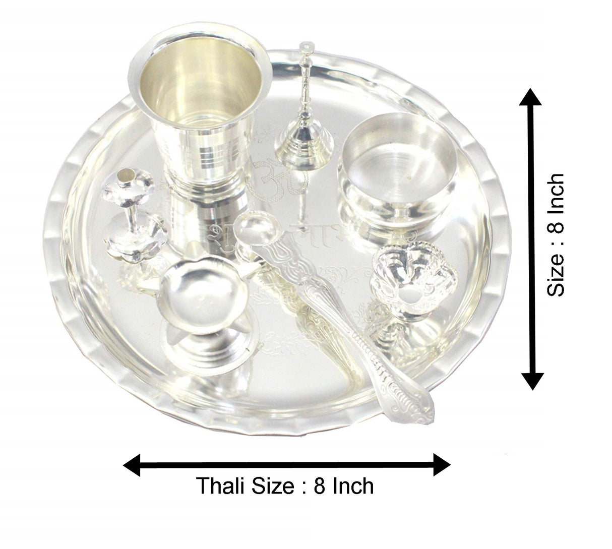 NOBILITY Pooja Thali Set Silver Plated Large 8 Inch Puja Thali for Diwali Decoration Gift Items Festival Ethnic Puja Thali for Temple Office Home Wedding Return Gifts