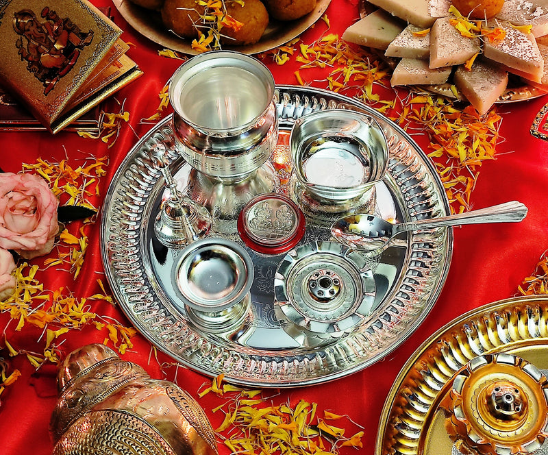 NOBILITY Silver Plated Puja Thali Set 08 Inch with Coin Pooja Thali Items for Diwali, Home, Temple, Office, Wedding Return Gift