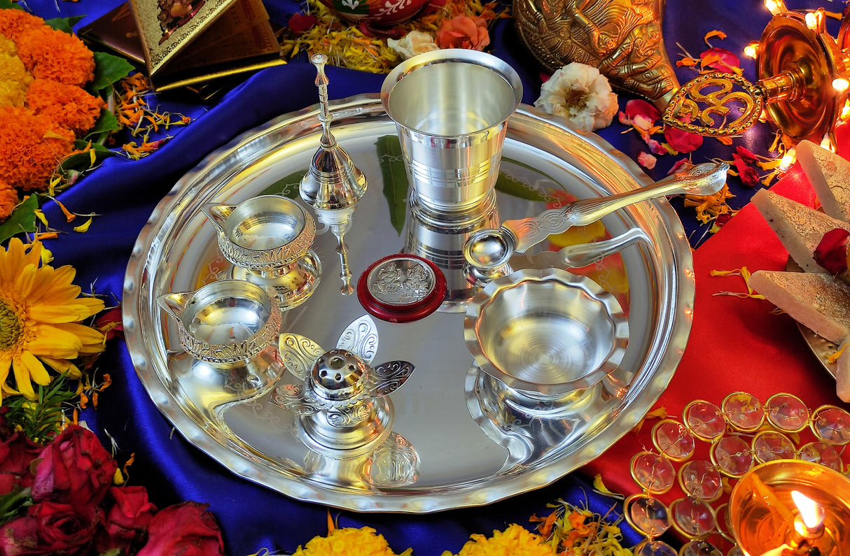 NOBILITY Silver Plated Pooja Thali Set 9.5 Inch with Plate Kalash Palli Diya Kumkum Holder Bowl Dhup Dan Coin Ghanti Puja Thali for Diwali Home Mandir Office Wedding Return Gift Items