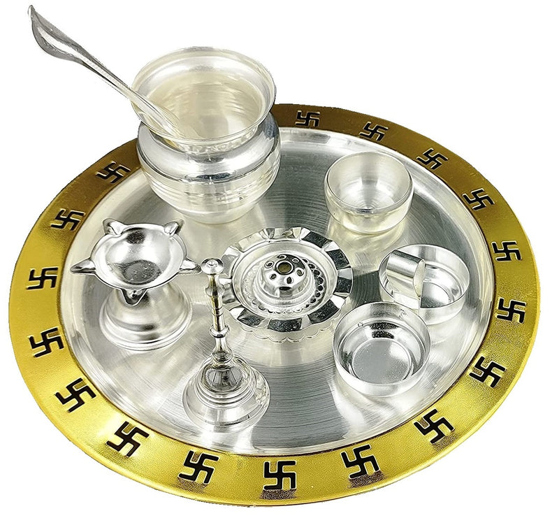 NOBILITY Gold and Silver Plated Pooja Thali Set 9 Inch Plate Kalash Palli Diya Agarbatti Stand Vati Kumkum Holder Ghanti Puja Thali Wedding Return Gift Items