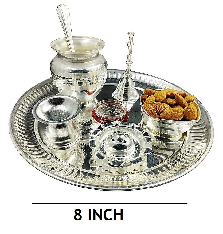 NOBILITY Silver Plated Puja Thali Set 08 Inch with Coin Pooja Thali Items for Diwali, Home, Temple, Office, Wedding Return Gift