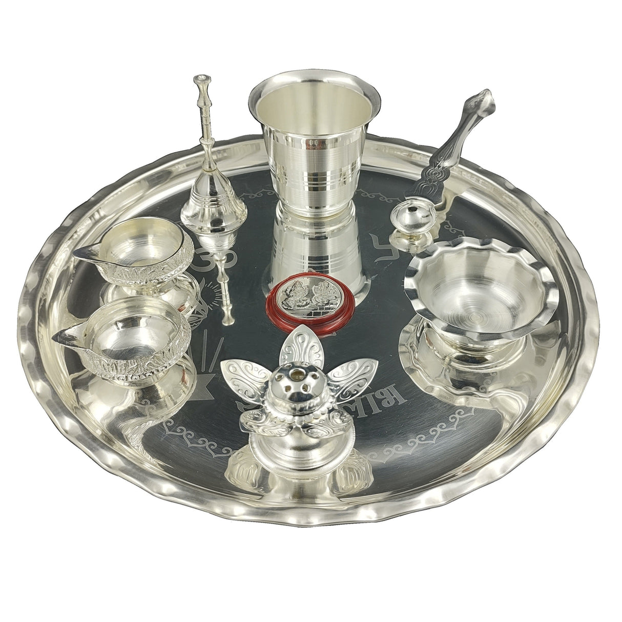 NOBILITY Silver Plated Pooja Thali Set 9.5 Inch with Plate Kalash Palli Diya Kumkum Holder Bowl Dhup Dan Coin Ghanti Puja Thali for Diwali Home Mandir Office Wedding Return Gift Items