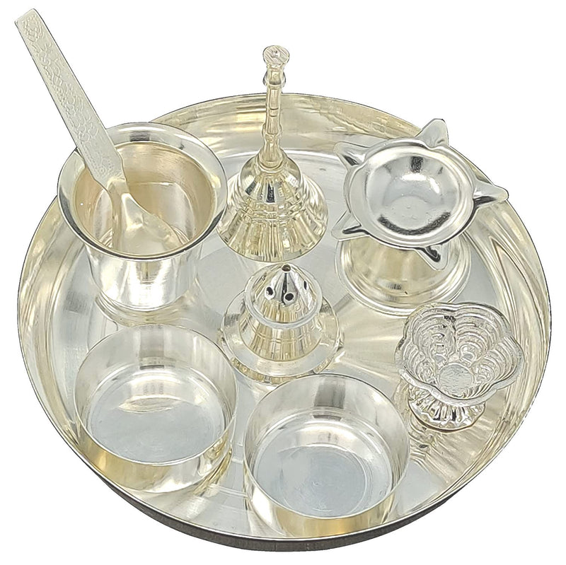 NOBILITY Silver Plated Pooja Thali Set 6 Inch Standard Puja Decorative Items for Home Mandir Office Wedding Return Gift